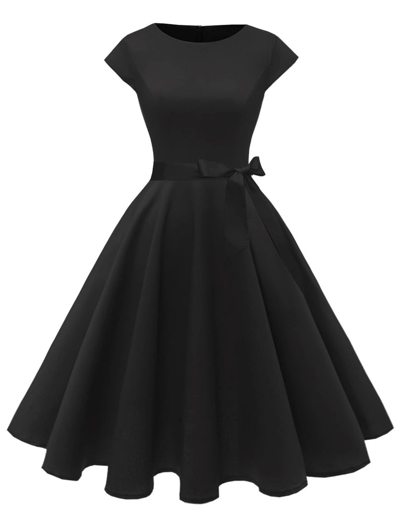 PUKAVT Women's 1950 Boatneck Cap Sleeve Vintage Swing Cocktail Party Dress with Pockets Black S - Image 2